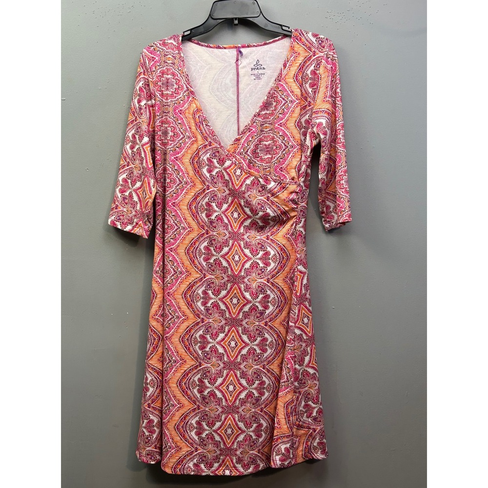 prAna Dress Womens L Pink Nadia Paisley Faux Wrap V-Neck 3/4 Sleeve Floral S